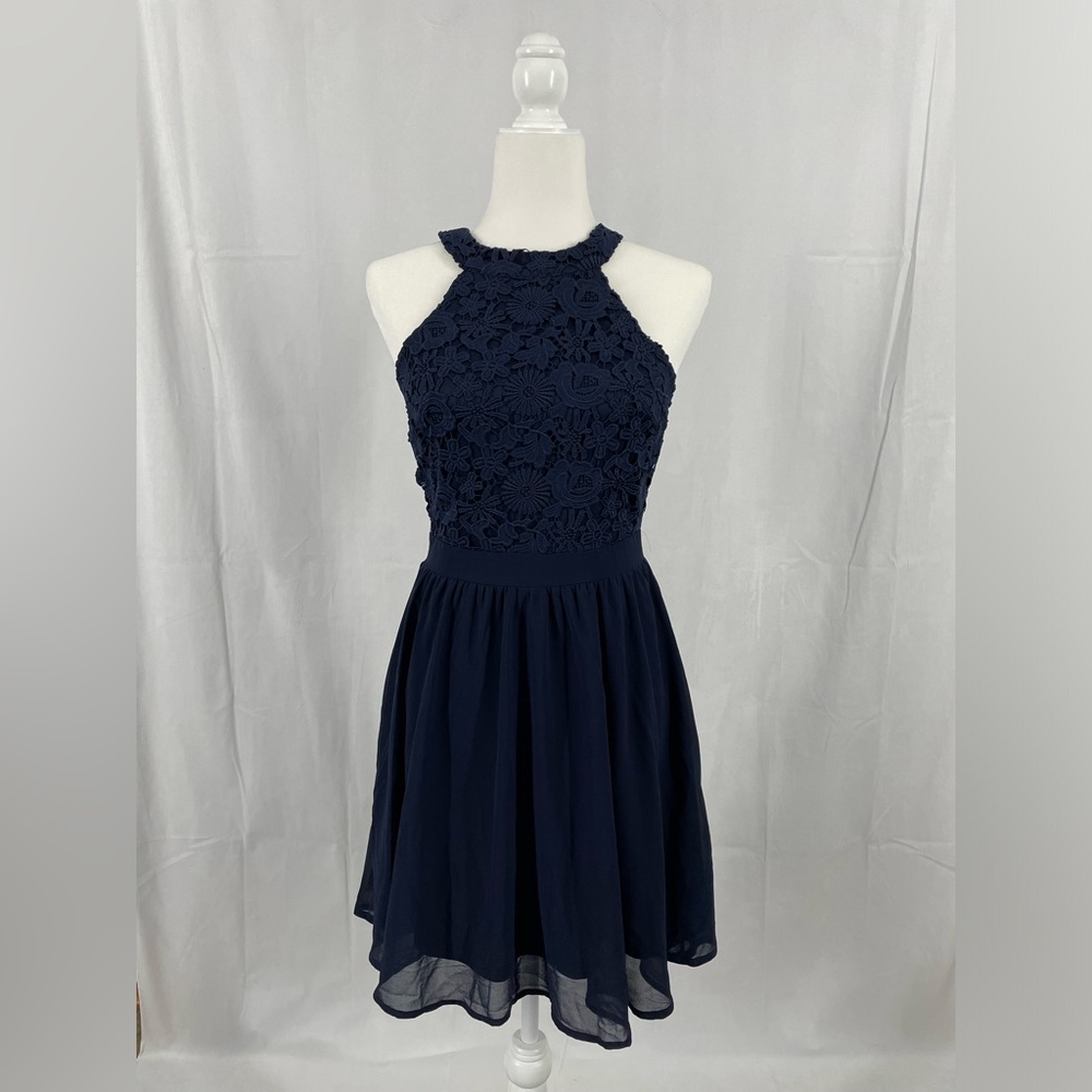 Lulus Lover's Game Lace Sleeveless Halter Neck Skater Mini Dress Blue, S